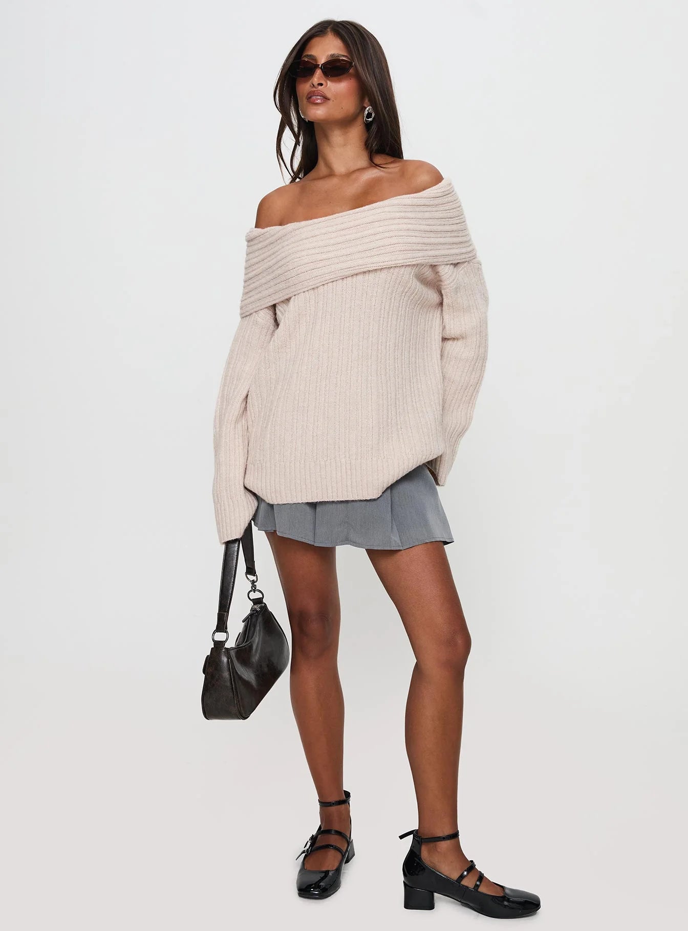 Mirrelle Off Shoulder Knit Sweater Beige