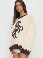 Rhianonn Horse Graphic Knit Sweater Cream Brown