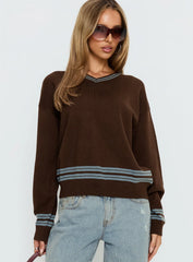 Yarnia V Neck Jumper Brown Blue