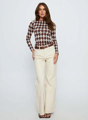 Shonna Boat Neck Long Sleeve Top Argyle