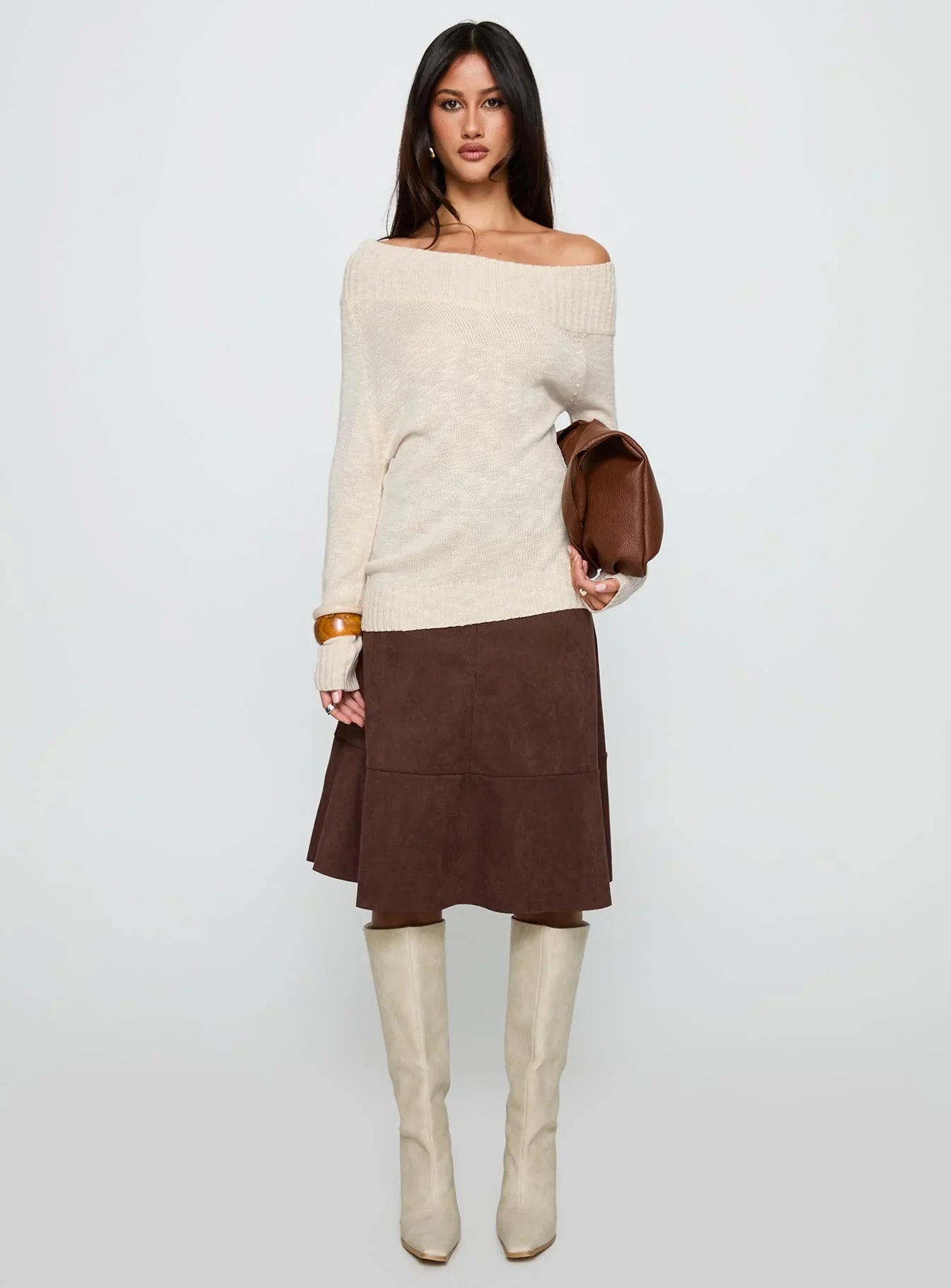 Alyxandra Off Shoulder Knit Sweater Beige