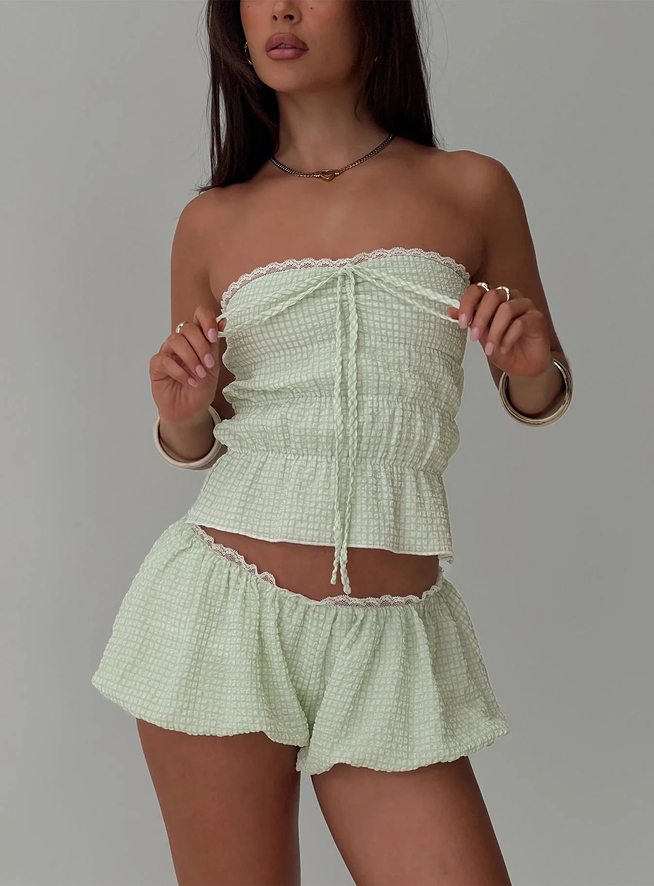 Short And Sweet Strapless Top Green Check