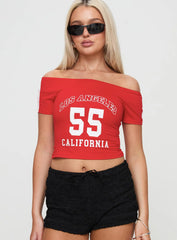 Serendipia Off The Shoulder Graphic Top Red