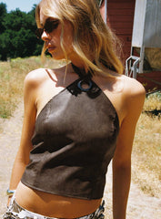 Treat You Better Ring Detail Faux Leather Top Brown
