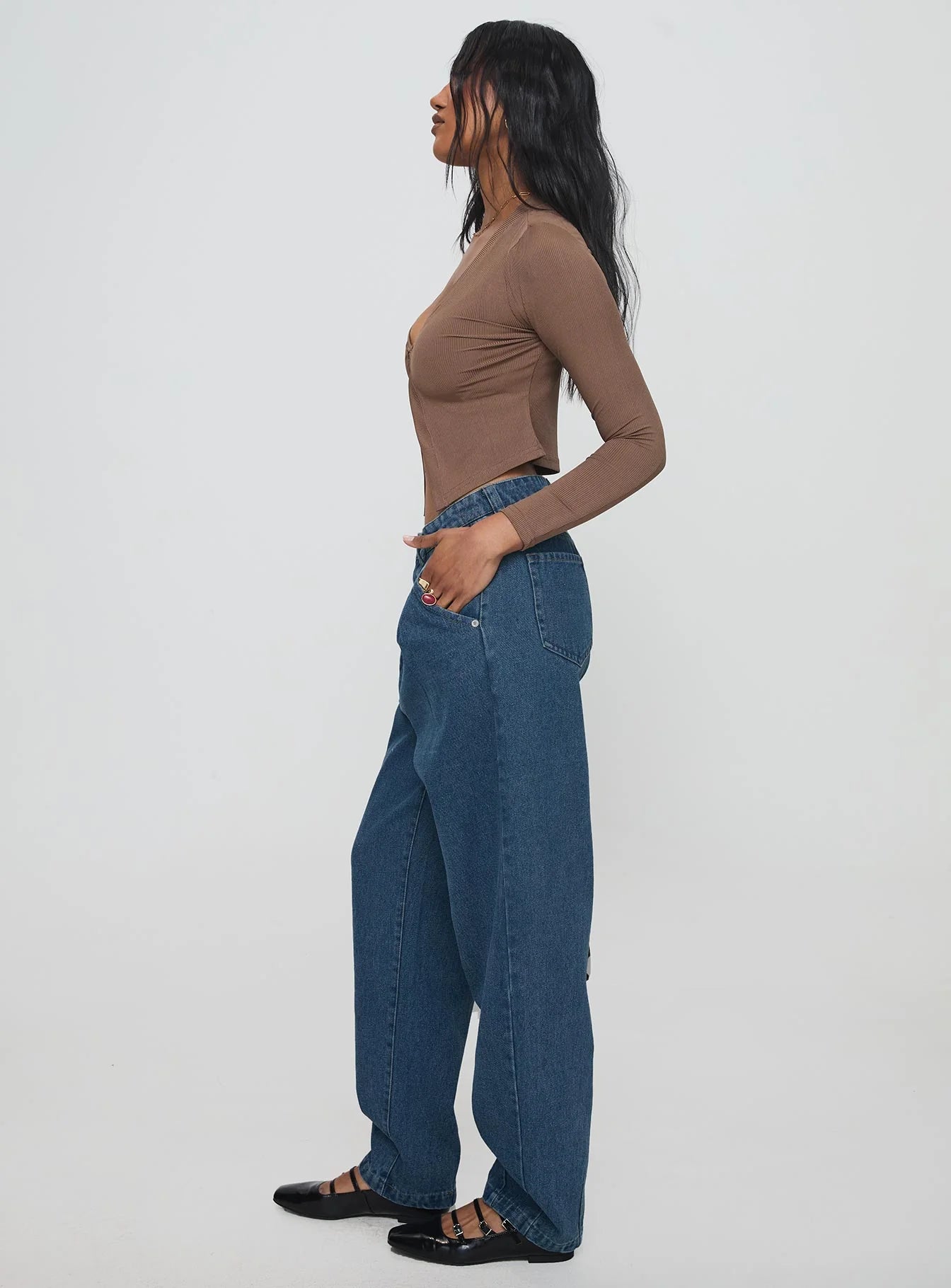 Forestier Mid Rise Barrel Leg Pin Tuck Jeans Mid Blue