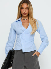 Mayda Asymmetrical Long Sleeve Shirt Blue Pinstripe