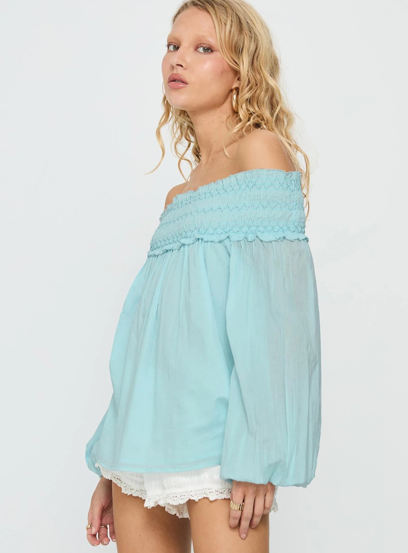 Heidy Off Shoulder Shirred Long Sleeve Top Blue