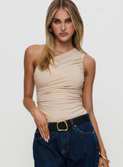 Heston Asymmetrical Ruched Bodysuit Beige