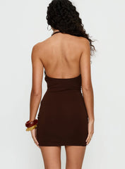 Korella Beaded Halter Mini Dress Chocolate Brown