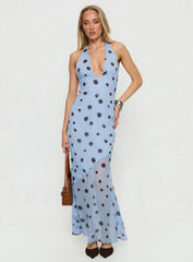 Oralee Halter Sheer Maxi Dress Blue / Polka Dot