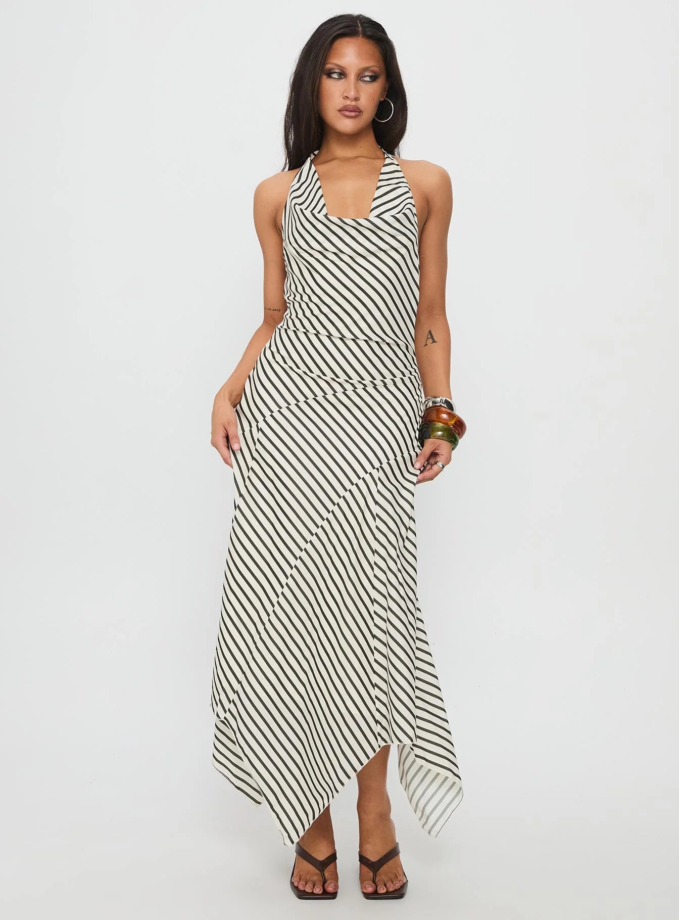 Junipa Halter Asymmetrical Maxi Dress White Stripe