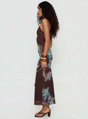 Maritsa Halter Beaded Maxi Dress Brown Floral