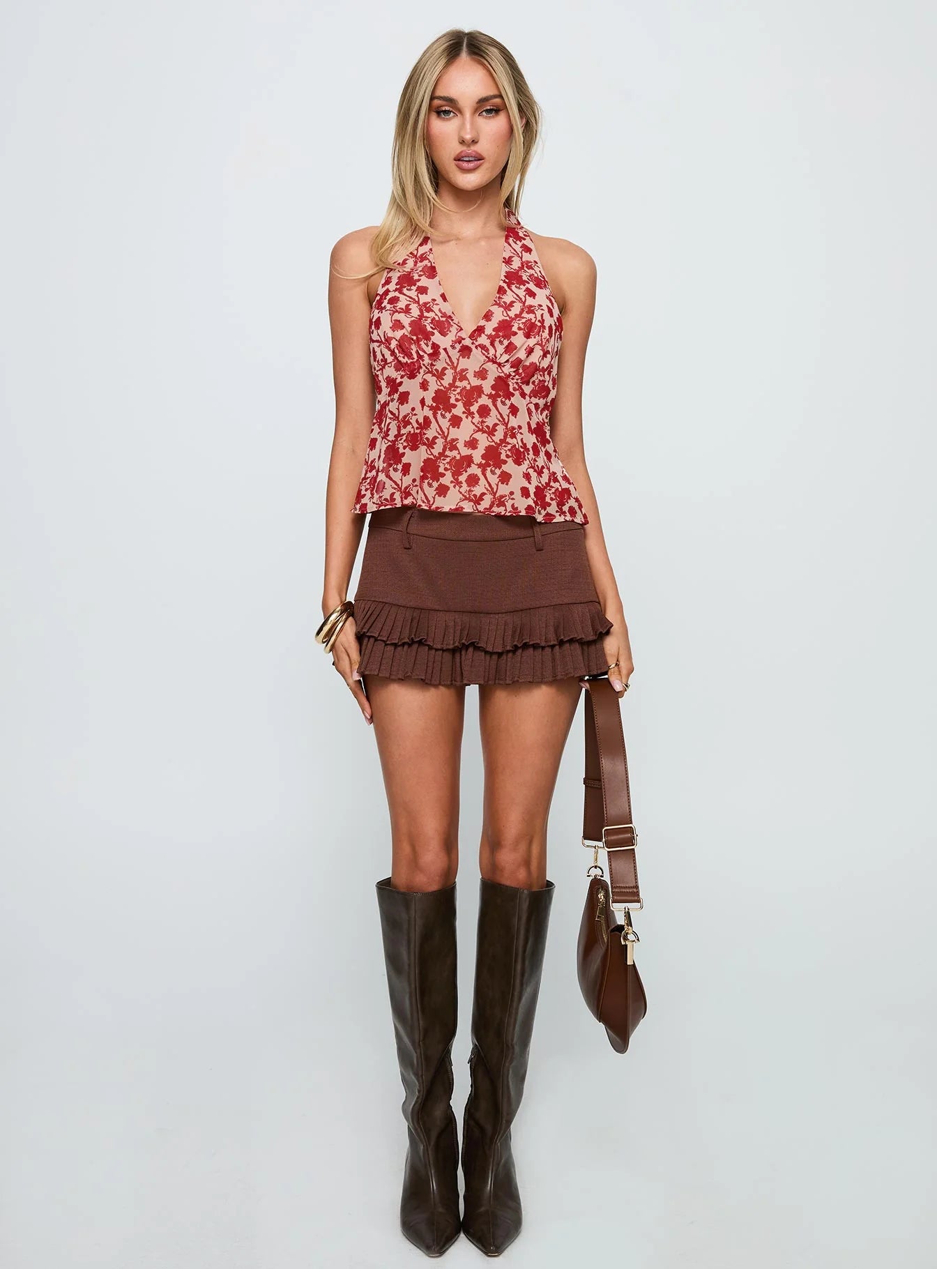 Two Ghosts Low Back Halter Top Red Floral