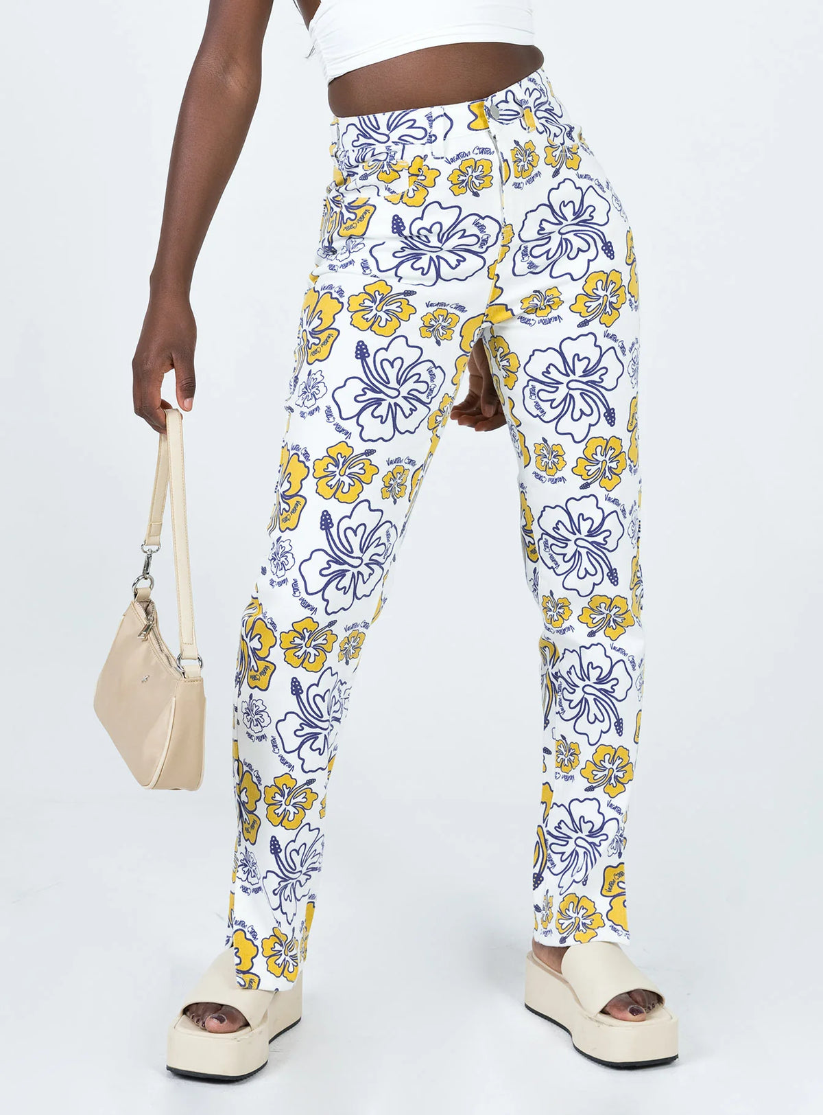 Tropical Dreams High Rise Straight Leg Denim Jeans Off White