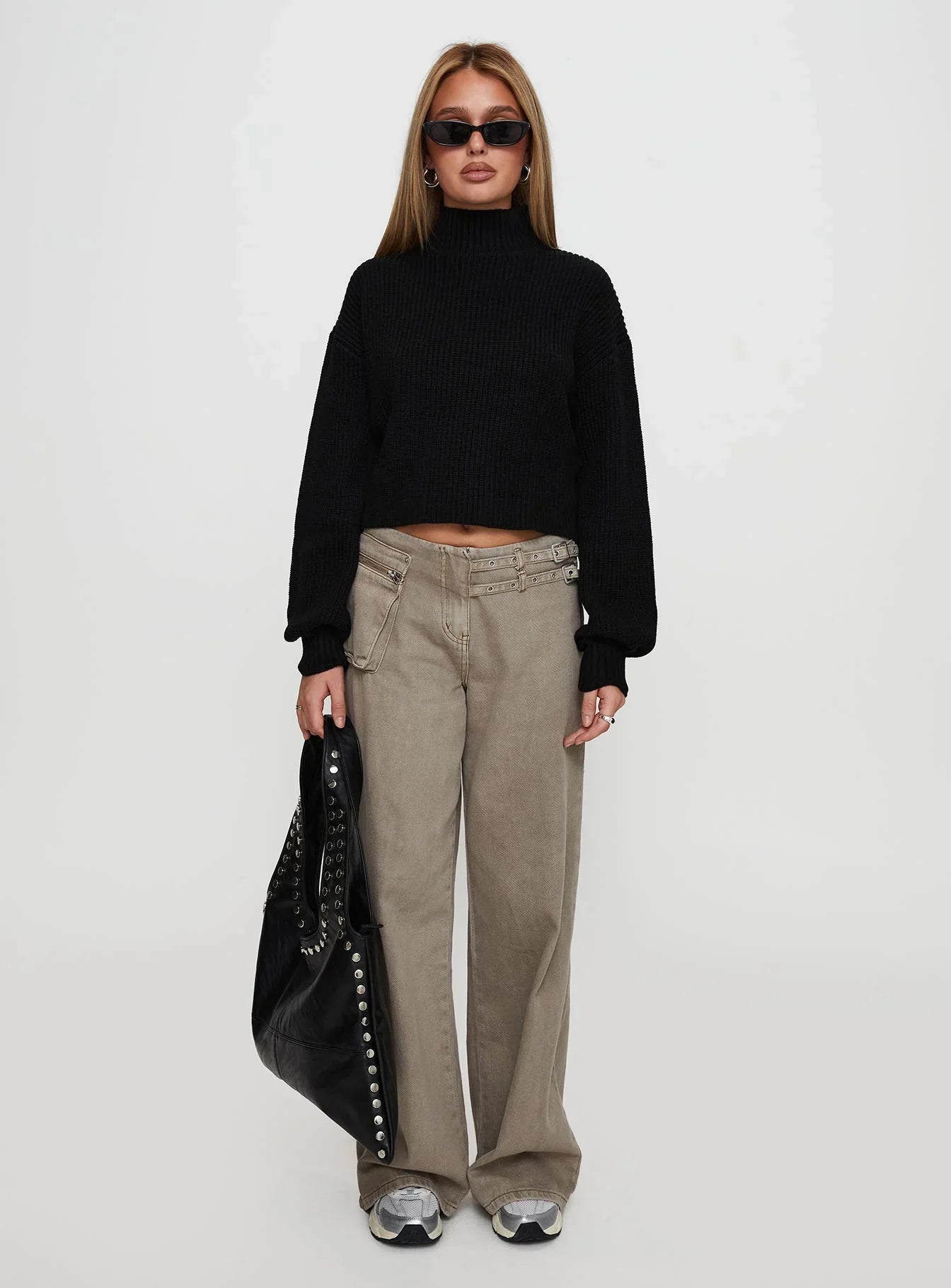 Sayge Mock Neck Knit Sweater Black