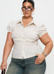 Deserve You Puff Sleeve Button Front Top Cream Stripe Curve