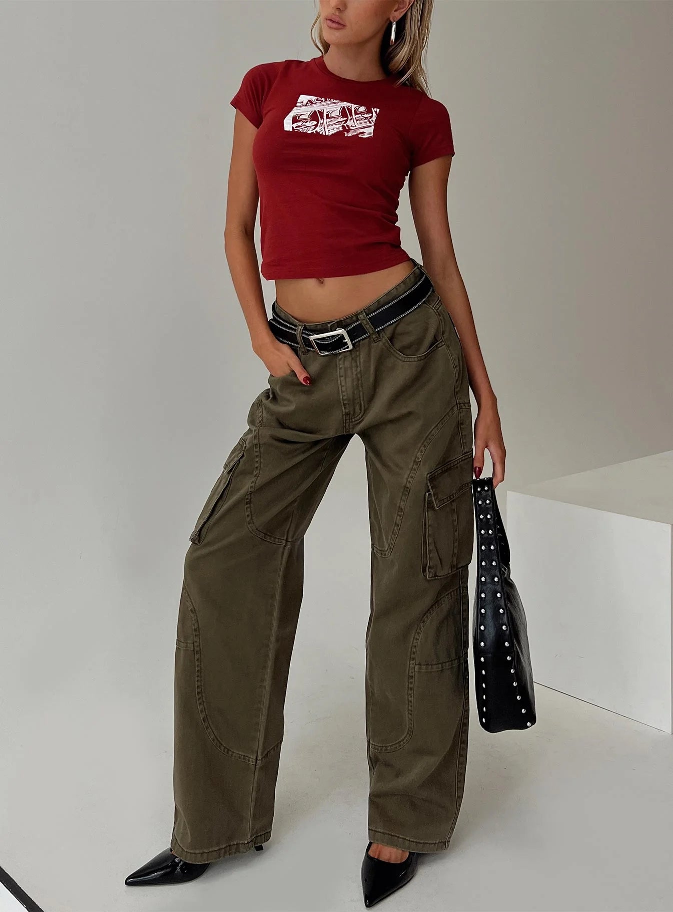 Ahstin Mid Rise Straight Leg Cargo Jeans Green