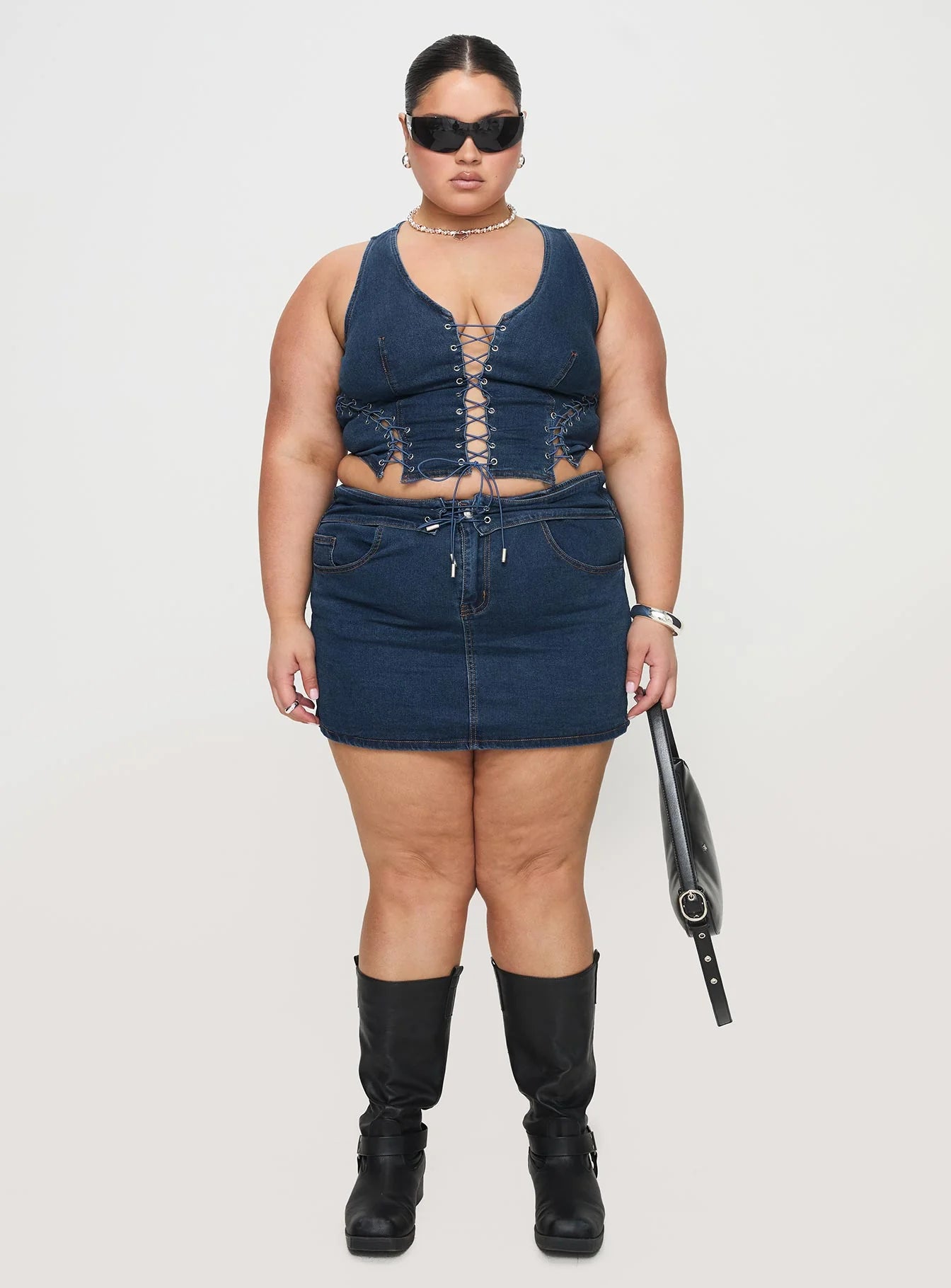 Popular Low Rise Mini Skirt Mid Blue Wash Curve