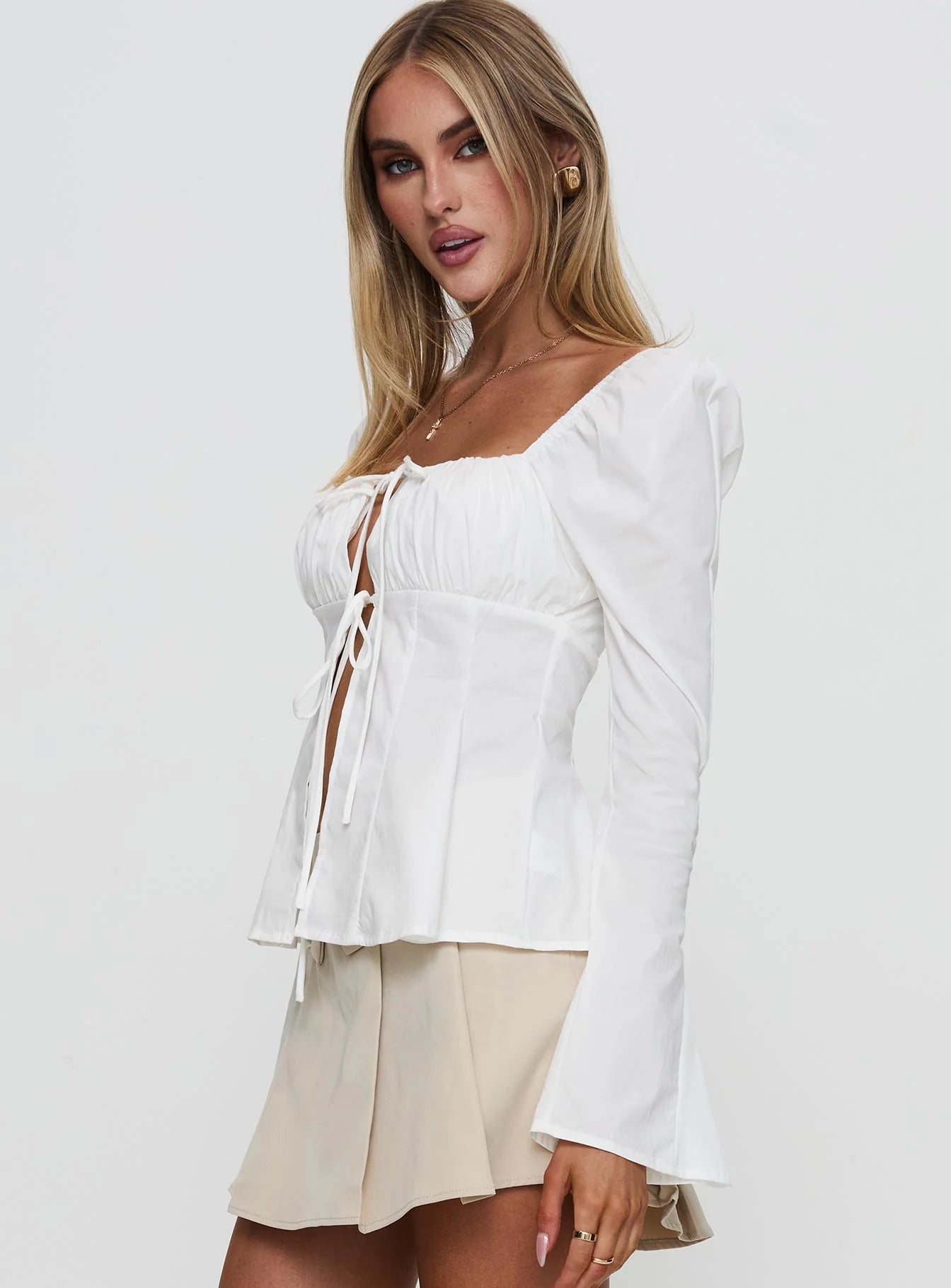 Lilibette Tie Up Long Sleeve Top White