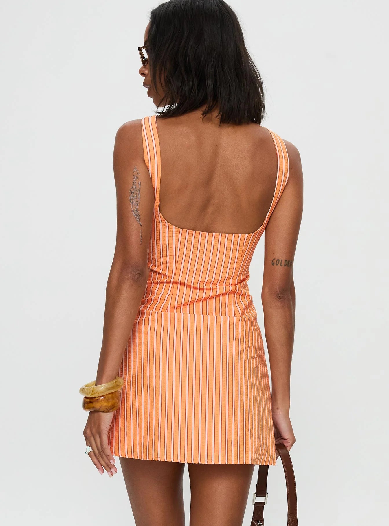 Ellesandra Boat Neck Mini Dress Orange Stripe
