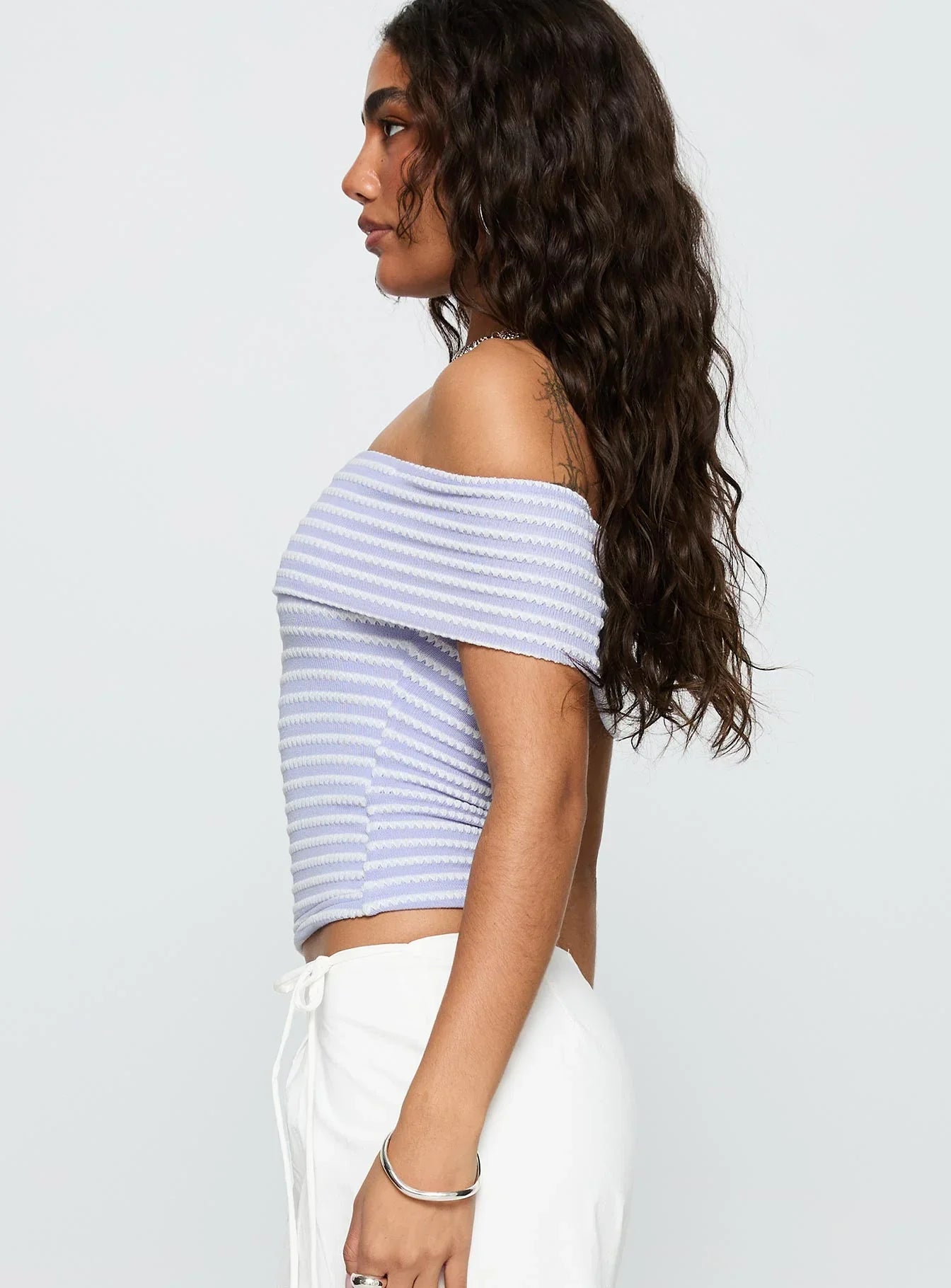 Ausha Off Shoulder Top Lilac Stripe