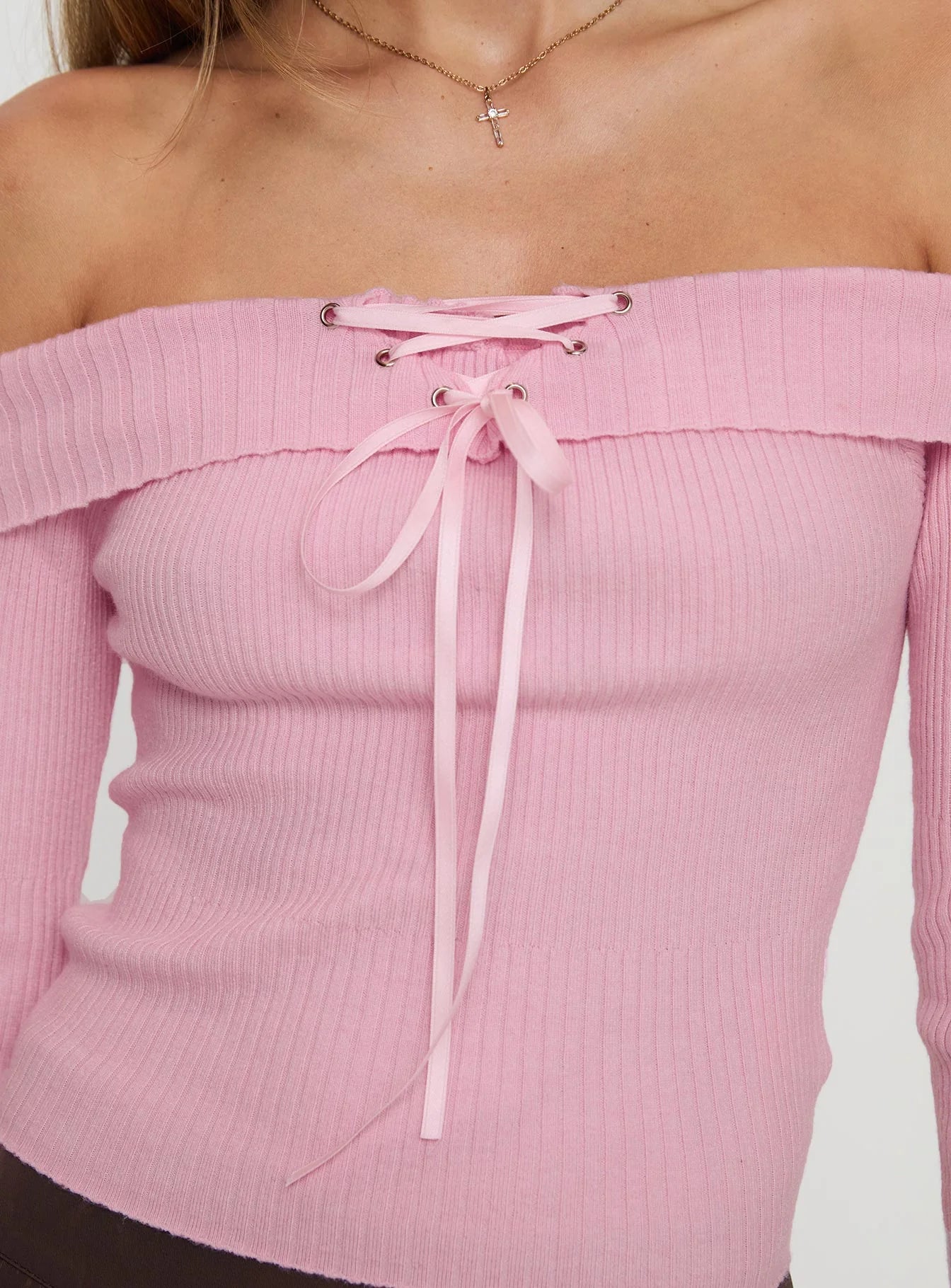 Nighttime Off Shoulder Knit Top Pink