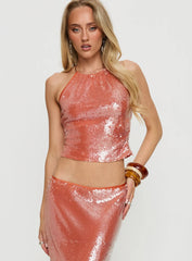 Emalia Halter Sheer Sequin Top Orange