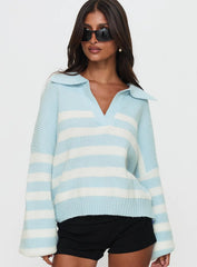Carolena Long Sleeve Collared Knit Sweater Blue White Stripe