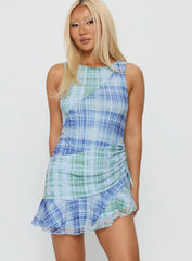 Timelapse Asymmetrical Splice Mini Dress Blue Green Plaid