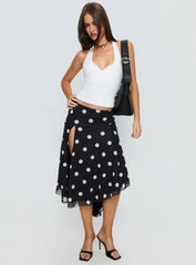 Dulciana High Split Asymmetrical Midi Skirt Black / Polka Dot