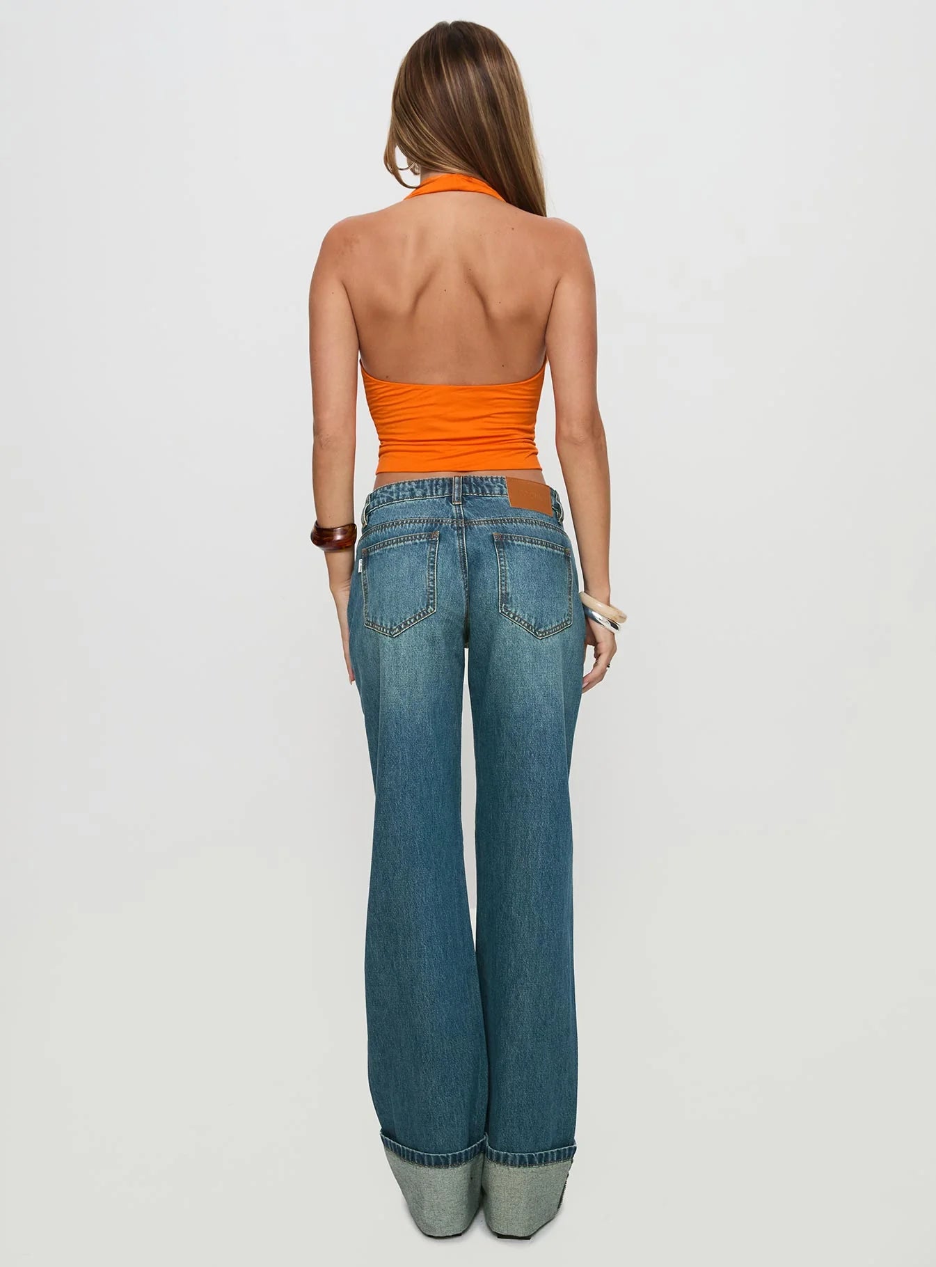 Toros Mid Rise Wide Leg Foldover Denim Jeans Mid Blue