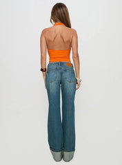 Toros Mid Rise Wide Leg Foldover Denim Jeans Mid Blue
