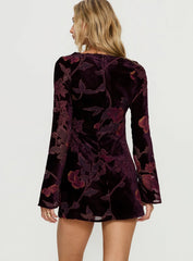 Alitra Long Sleeve Mini Dress Floral Devore Burgundy