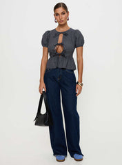 Verah Tie Up Puff Sleeve Top Navy Check