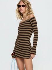 Darsey Long Sleeve Knit Mini Dress Black Beige Stripe