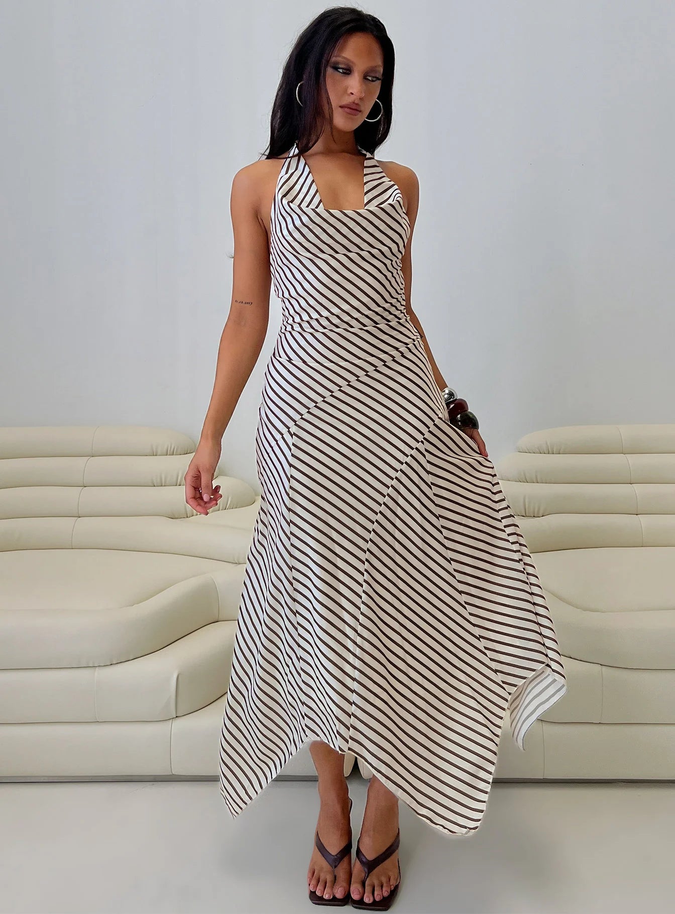 Junipa Halter Asymmetrical Maxi Dress White Stripe