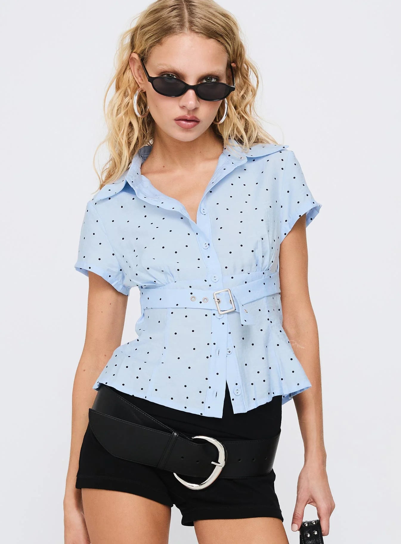 Esteem Buckle Detail Short Sleeve Shirt Blue Polka
