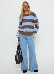 Queena Zip Through Knit Sweater Blue Stripe