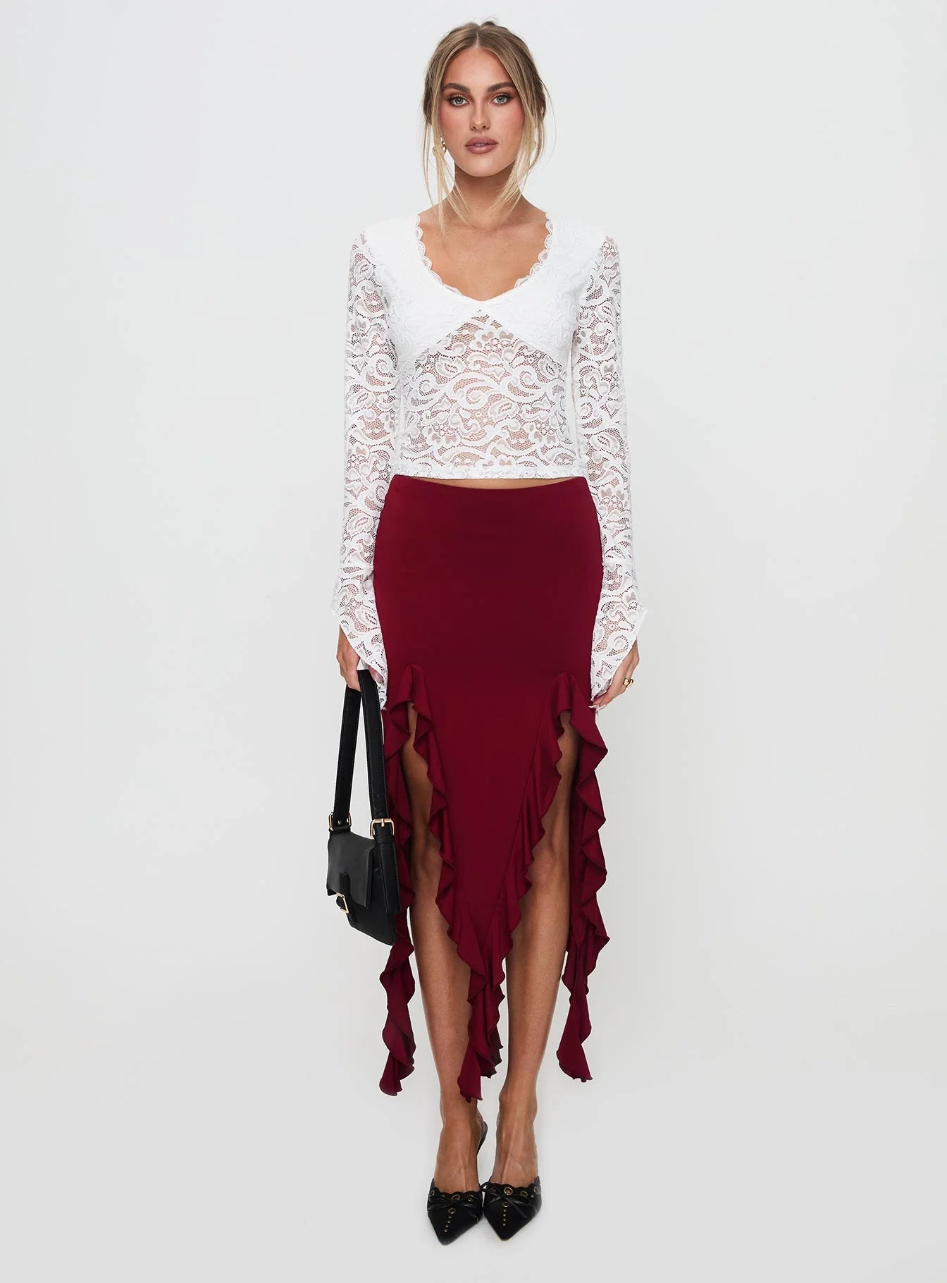 Peachey Asymmetric Ruffle Midi Skirt Burgundy