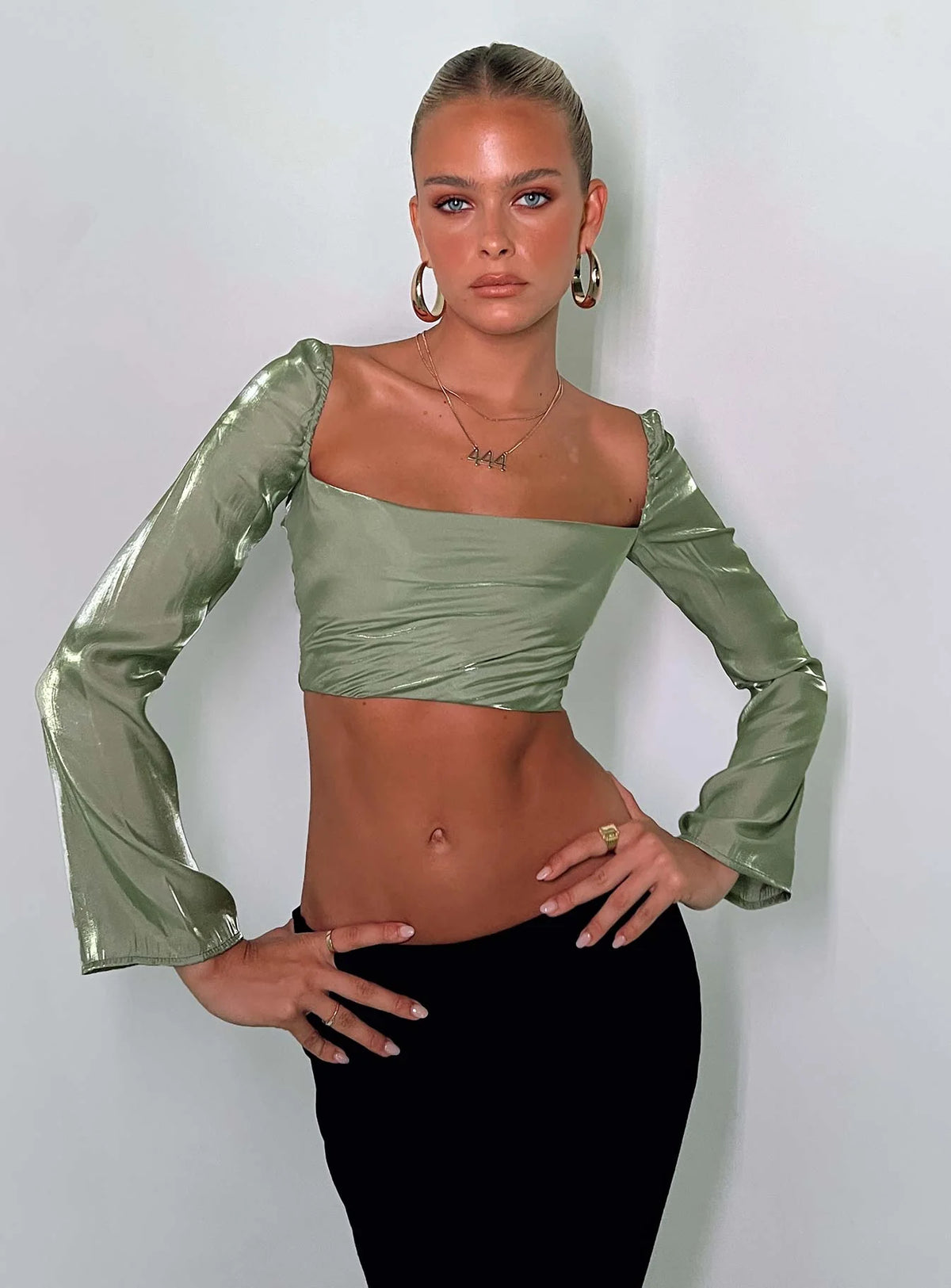 Nakai Lace Up Long Sleeve Top Sage