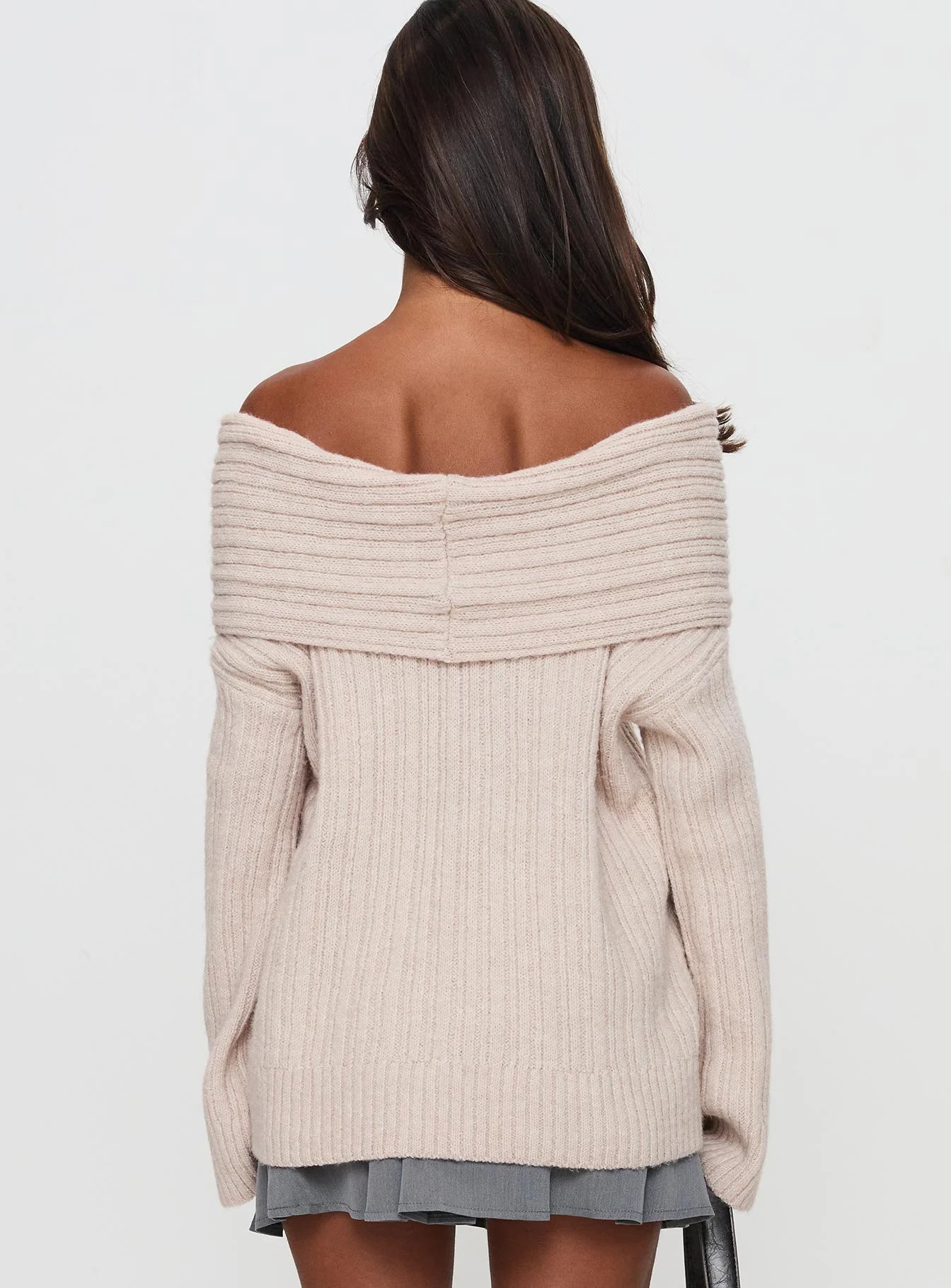 Mirrelle Off Shoulder Knit Sweater Beige