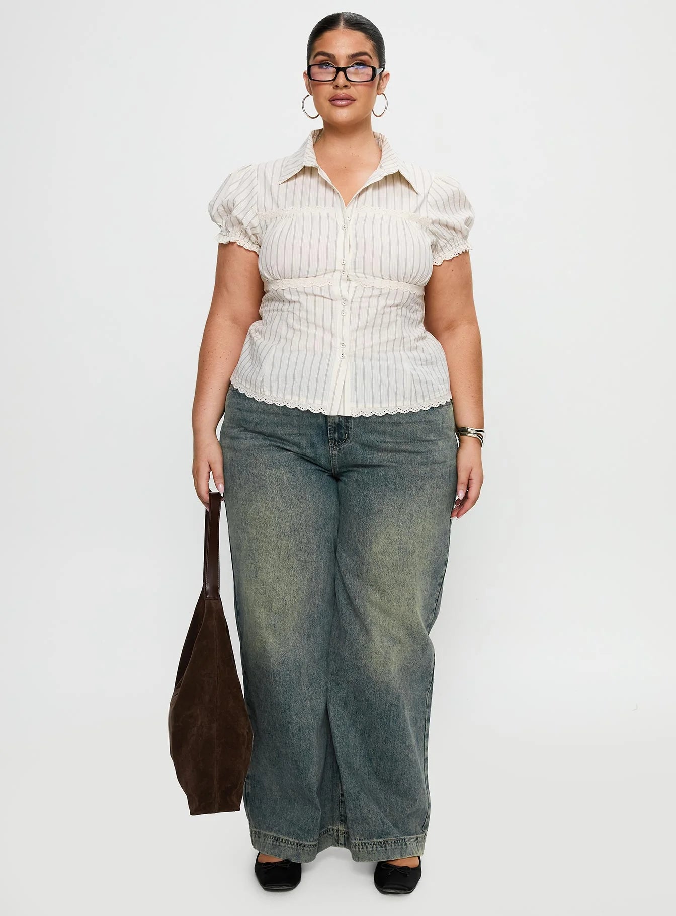 Deserve You Puff Sleeve Button Front Top Cream Stripe Curve