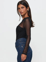 Delanee Mesh Detail Long Sleeve Bodysuit Black