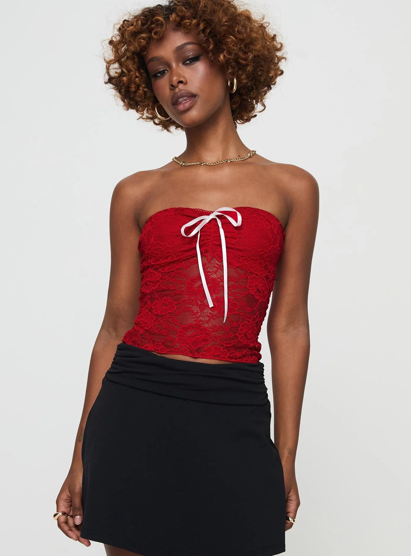 Winnick Strapless Lace Top Red