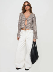 Maxette Long Sleeve Tie Top Brown Stripe