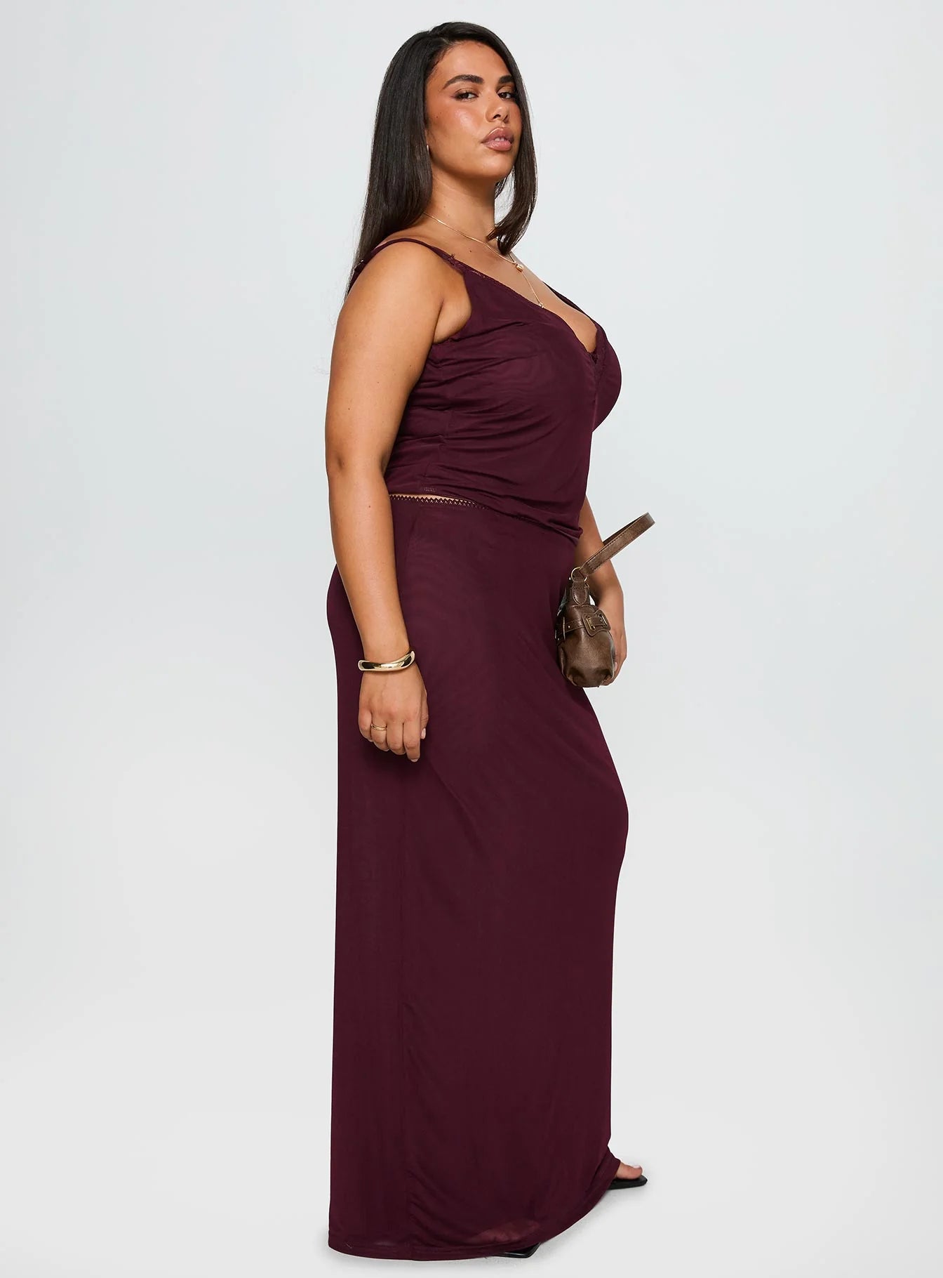 Reiko Lace Trim Tie Front Maxi Set Burgundy Curve