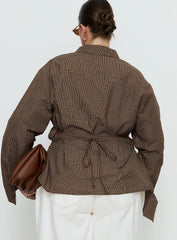 Xinia Tie Waist Long Sleeve Shirt Brown Check Curve