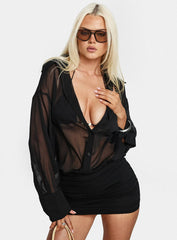 Moonrising Long Sleeve Sheer Blouson Mini Dress Black