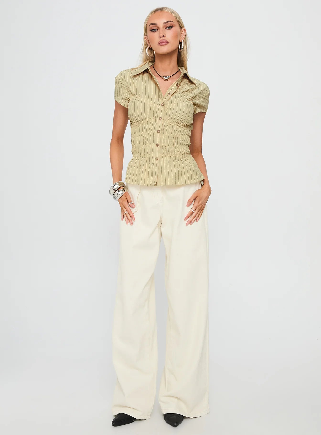 Liesel Shirred Short Sleeve Top Butter Stripe