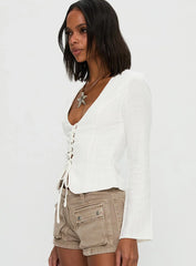 Clouded Linen Long Sleeve Top White